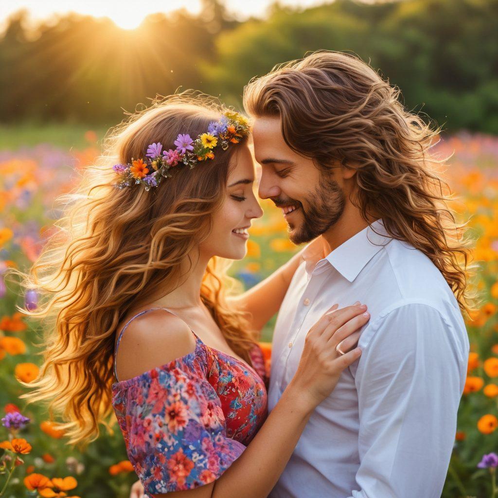 A vibrant and playful scene depicting a joyful couple embracing amidst a backdrop of wild flowers and flowing hair, capturing the essence of love and grooming. Hair tumbles in soft waves, intertwining with colorful blooms, as gentle sunlight casts a warm glow. A sense of intimacy and care radiates from their expressions, showcasing the beauty of affection. The overall atmosphere is artistic and enchanting. colorful illustration. vibrant colors. soft focus.