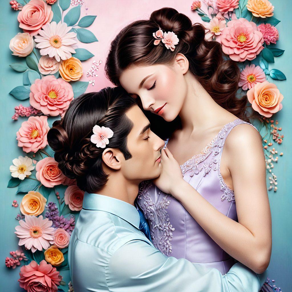 A whimsical scene merging romance and hair care, featuring a couple entwined in a loving embrace, surrounded by elegant hair care products cascading like flowers around them. The background showcases a soft pastel palette with delicate hearts and floral patterns symbolizing love, alongside grooming tools elegantly placed. The couple's hairstyles are intricately styled, reflecting the dance of love and grooming. painterly style. soft pastel colors.