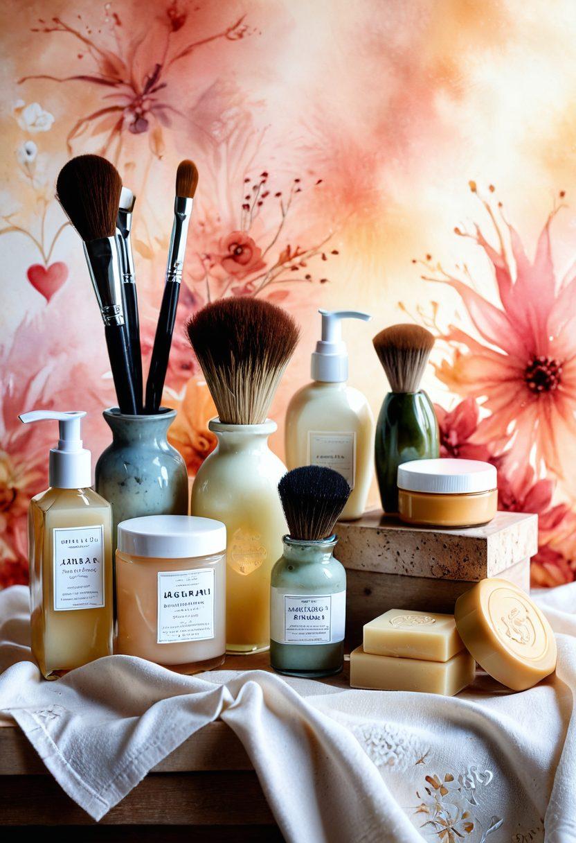 An artistic representation of various grooming products like brushes, soaps, and lotions, arranged beautifully on a textured fabric background that implies warmth and affection. Include subtle hearts or floral motifs intertwined with the products to symbolize passion. Use soft, glowing light to enhance a sense of inspiration and intimacy. watercolor painting. warm colors. soft focus.